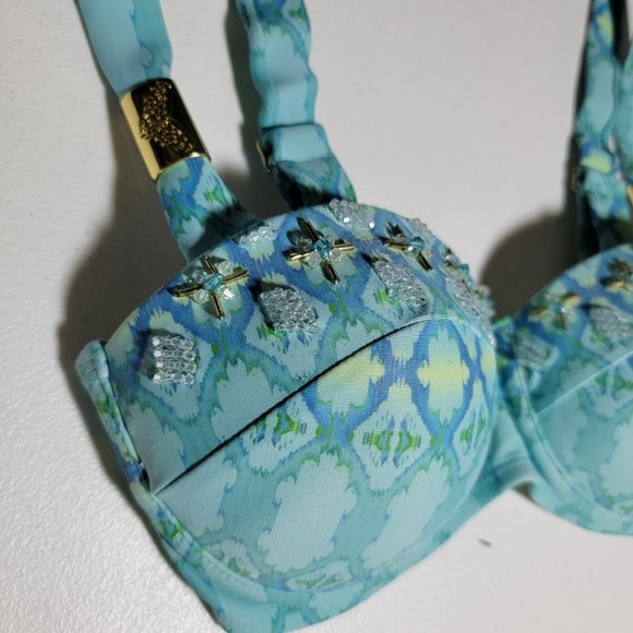 Lisa Blue Molded Cups Beaded Bikini Top Gold Details Size Small - Picture 2 of 11